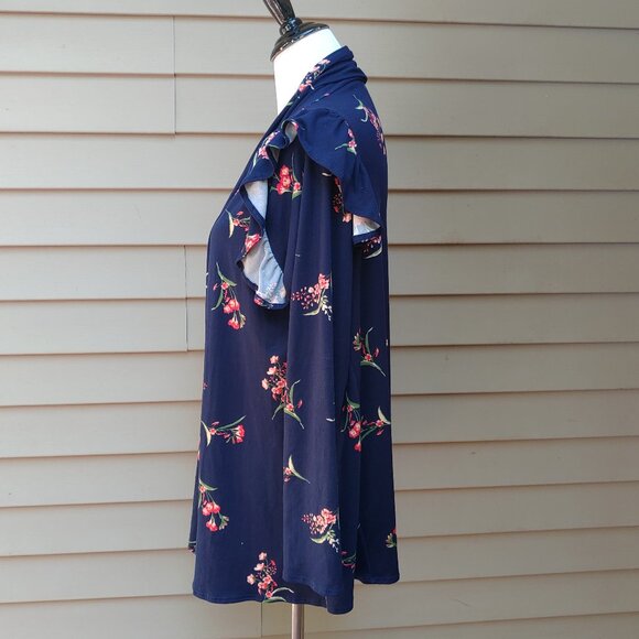 Isaac Liev Dark Blue Floral Print Cardigan Top Open-Front Long Sleeves Ruffle - Picture 7 of 11
